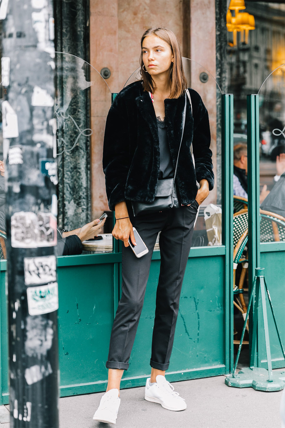 Glamorous Edge: Faux Fur Jacket and Trousers with Sneakers Glamorous Edge: Faux Fur Jacket and Trousers with Sneakers — Winter Outfits with Sneakers