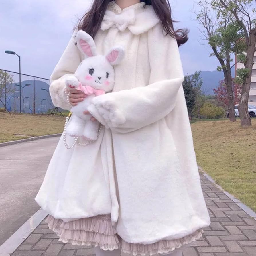 Faux Fur Coat with Bow Collar and Ruffled Dress — Japan Winter Outfits