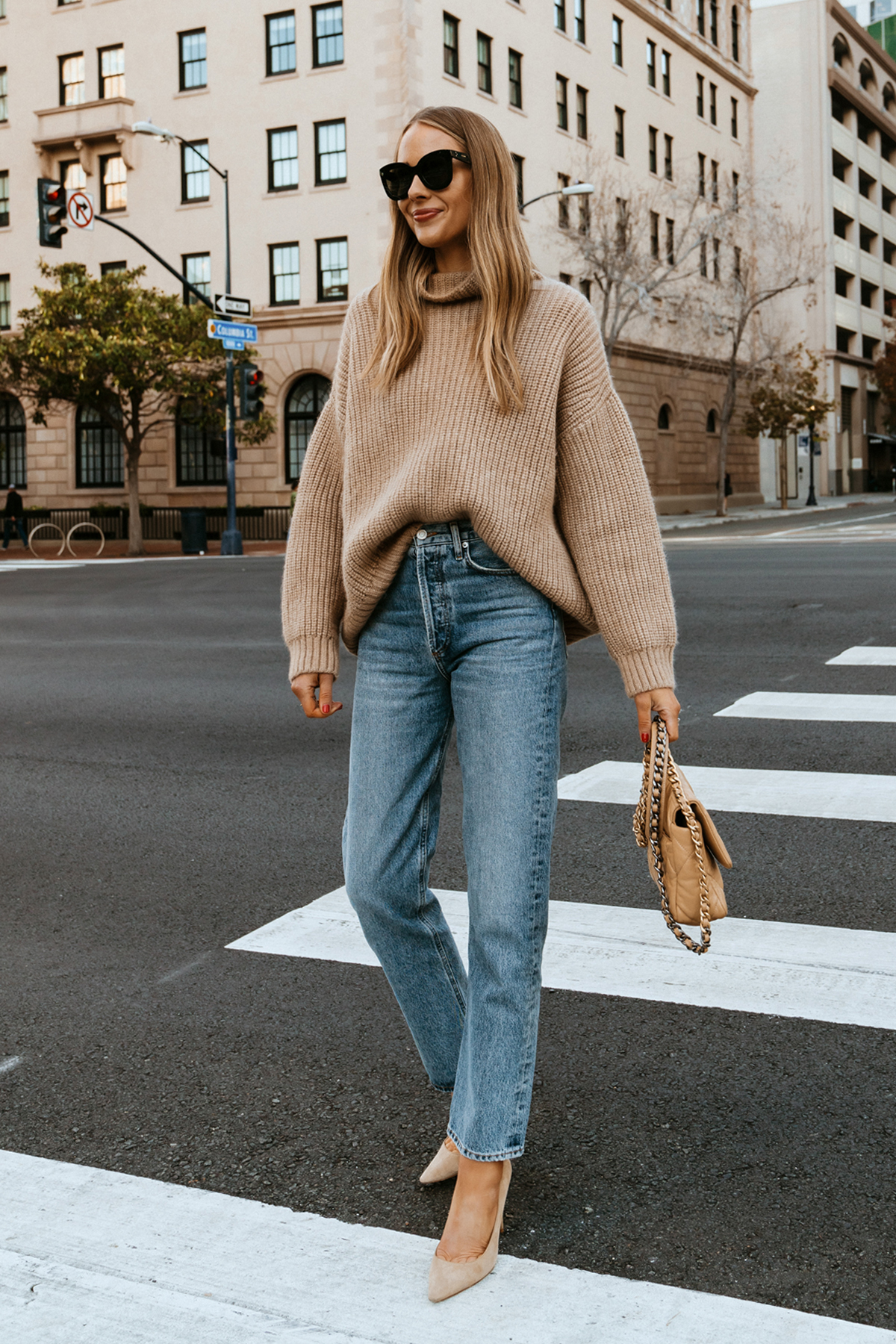 Tan Oversized Turtleneck with Straight-Leg Jeans — Oversized Sweater Outfits
