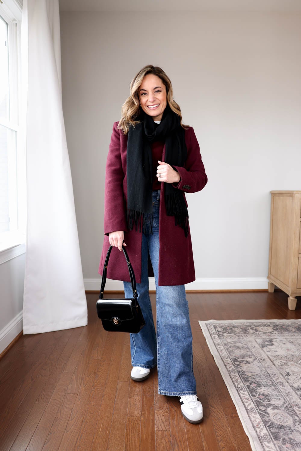 Wide-Leg Jeans with Burgundy Coat and Sneakers — Winter Outfits with Jeans