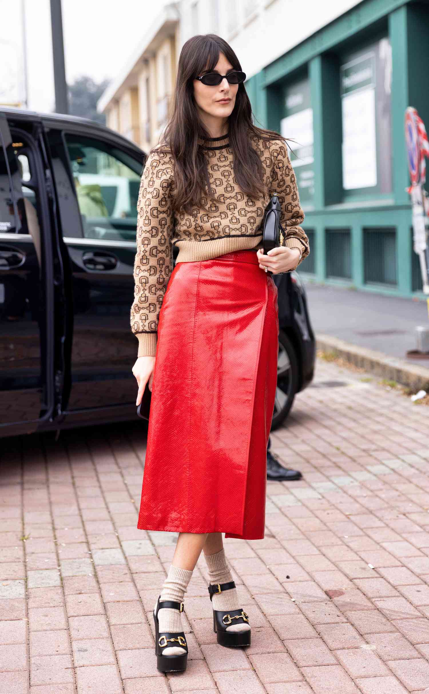 Bright Red Patent Leather Wrap Skirt with Patterned Sweater and Platform Heels Bright Red Patent Leather Wrap Skirt with Patterned Sweater and Platform Heels — Leather Skirt Outfits