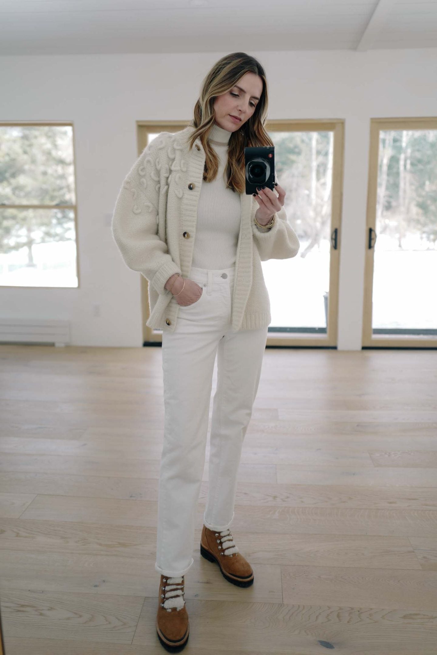 Textured Cream Cardigan Over Turtleneck for a Soft Winter Ensemble — Cute Winter Outfits