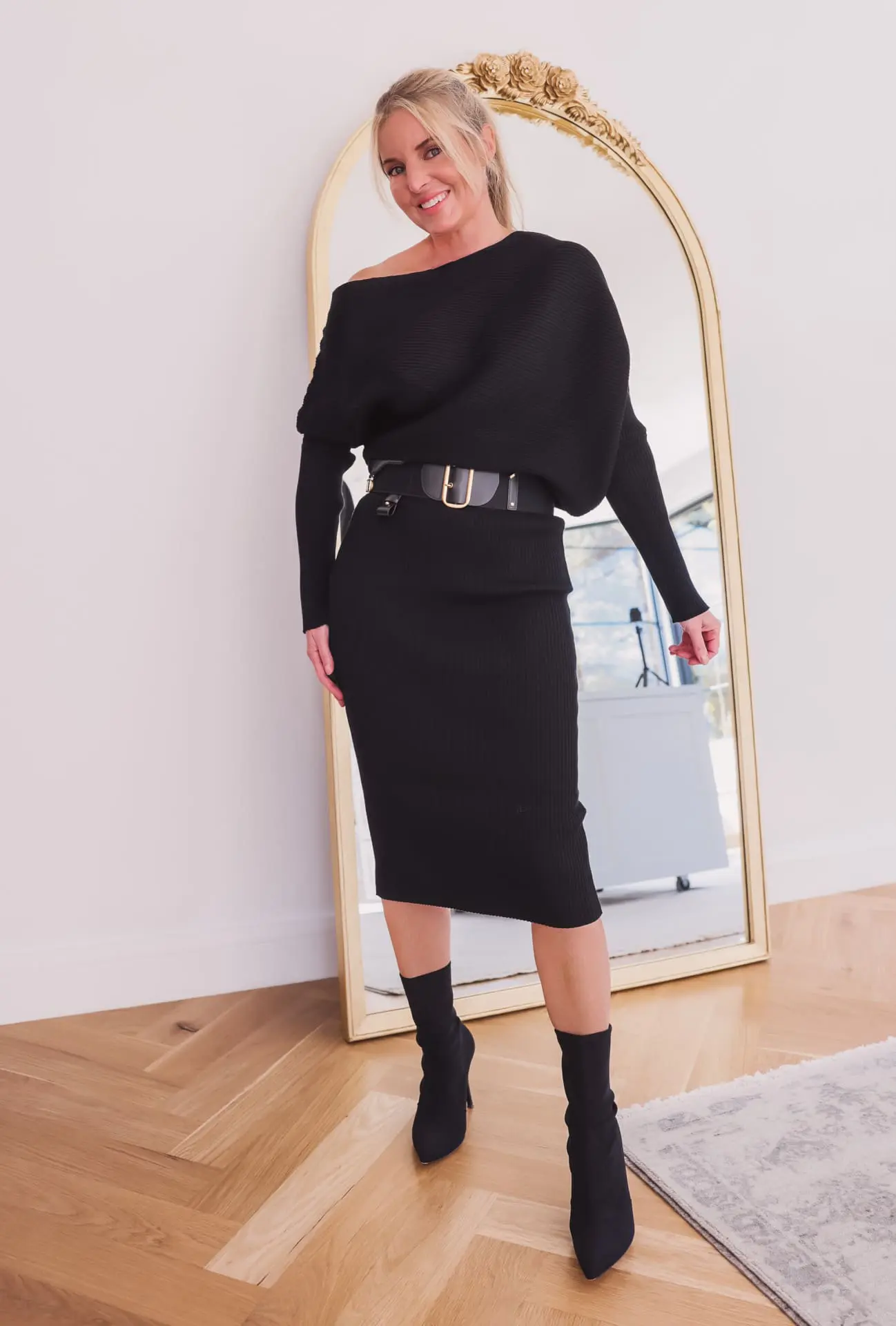 Sleek Sock-Fit Boots with Off-the-Shoulder Midi Dress — Ankle Boots Outfits