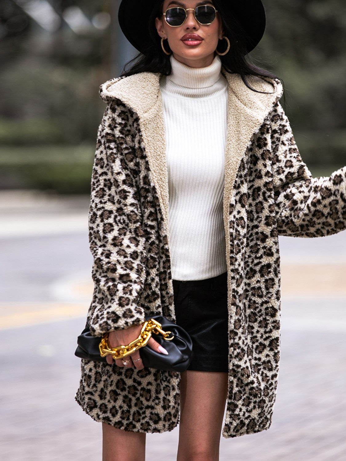 Hooded Leopard Coat with Black Accessories Hooded Leopard Coat with Black Accessories — Leopard Coat Outfits