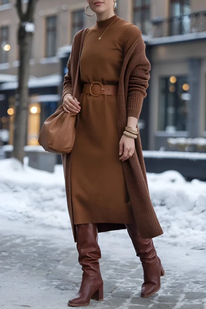 Brown Midi Knit Dress Layered with Long Cardigan — Winter Dress Outfits