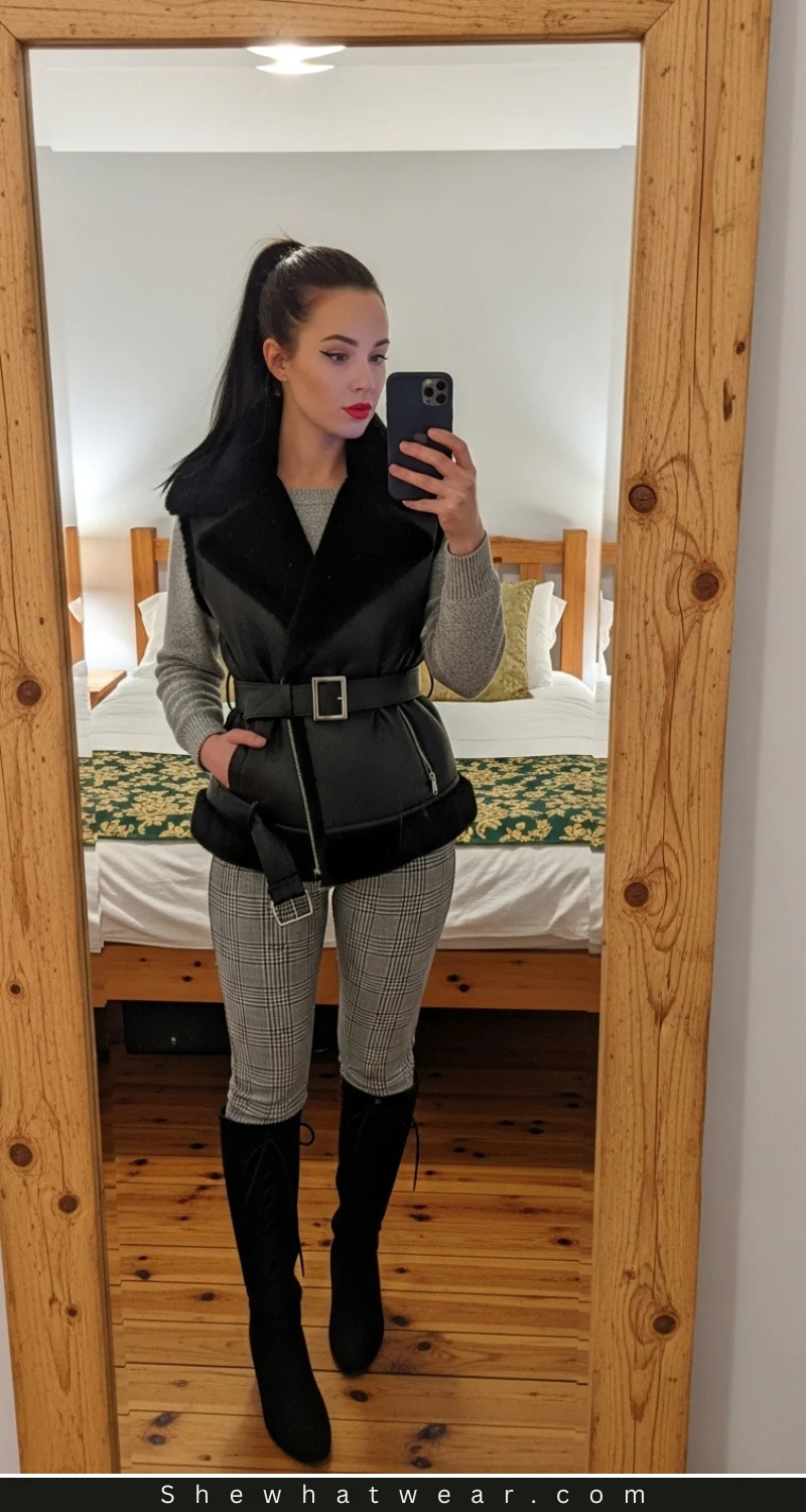 Belted Faux Fur Vest Adds Polish to Knit and Plaid for a Concert — Winter Concert Outfits