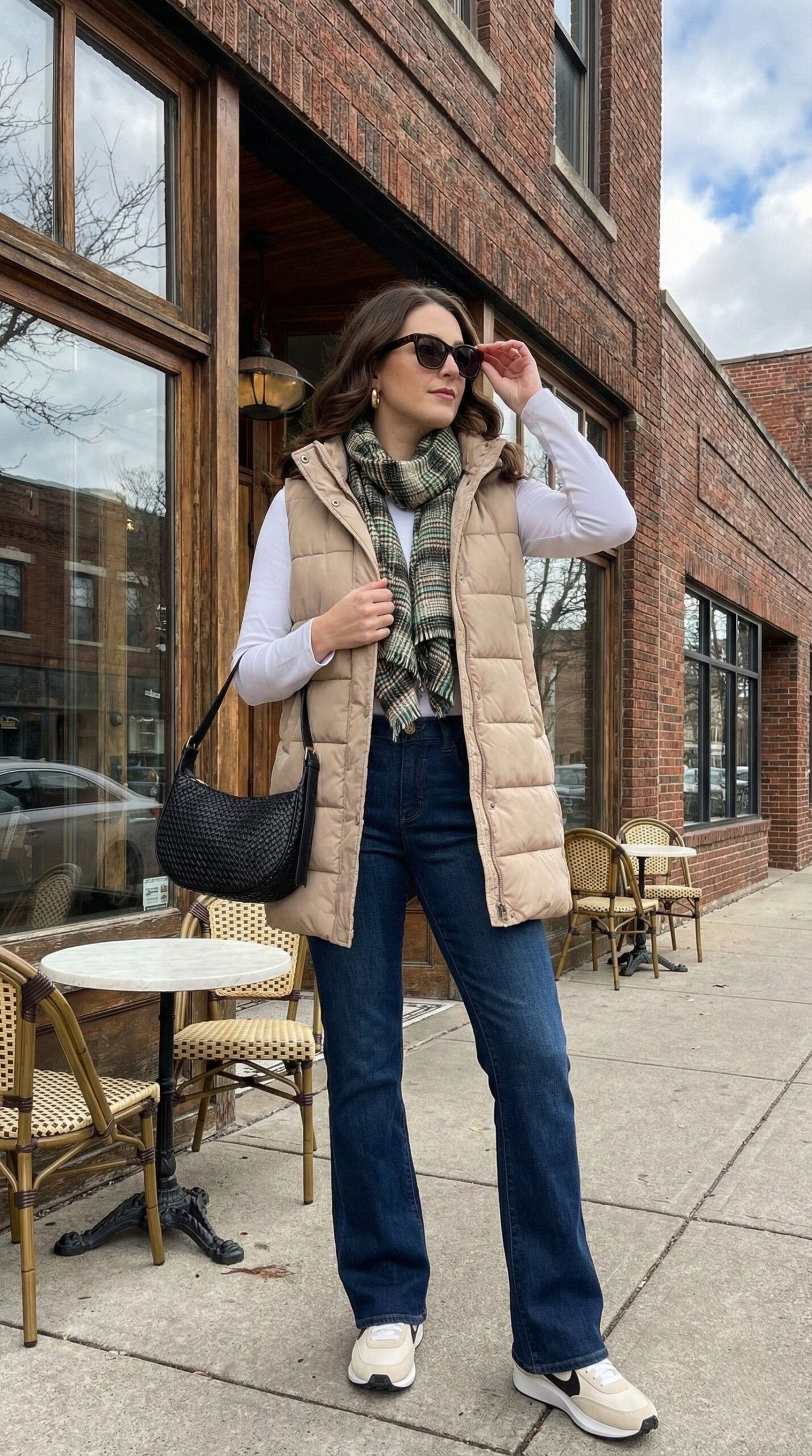 Beige Sneakers Outfit Idea Beige Sneakers Outfit Idea — Puffer Vest Outfits