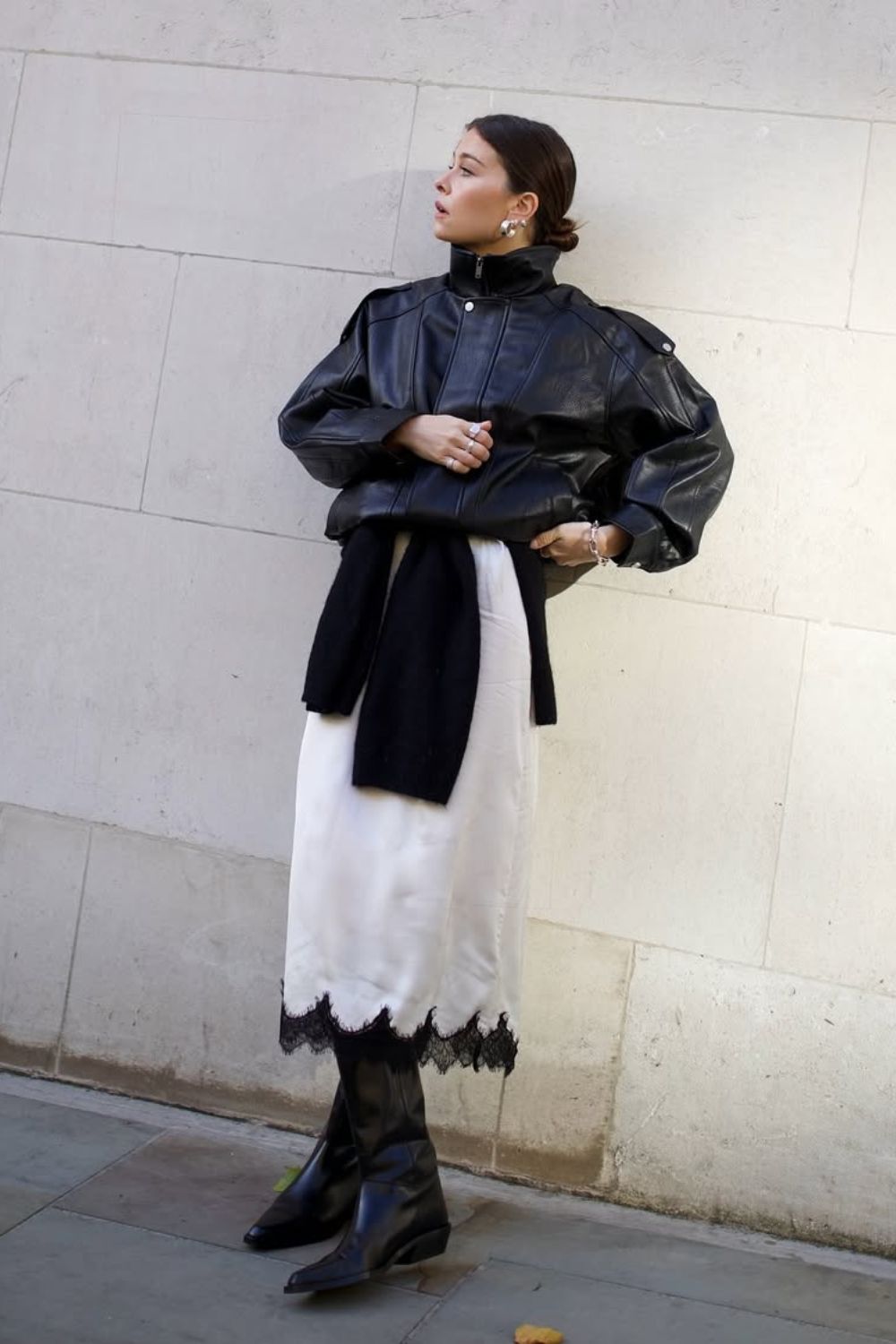 Sophisticated Edge: Black Pointed Boots with a Slip Dress and Leather Jacket Sophisticated Edge: Black Pointed Boots with a Slip Dress and Leather Jacket — Black Boots Outfits