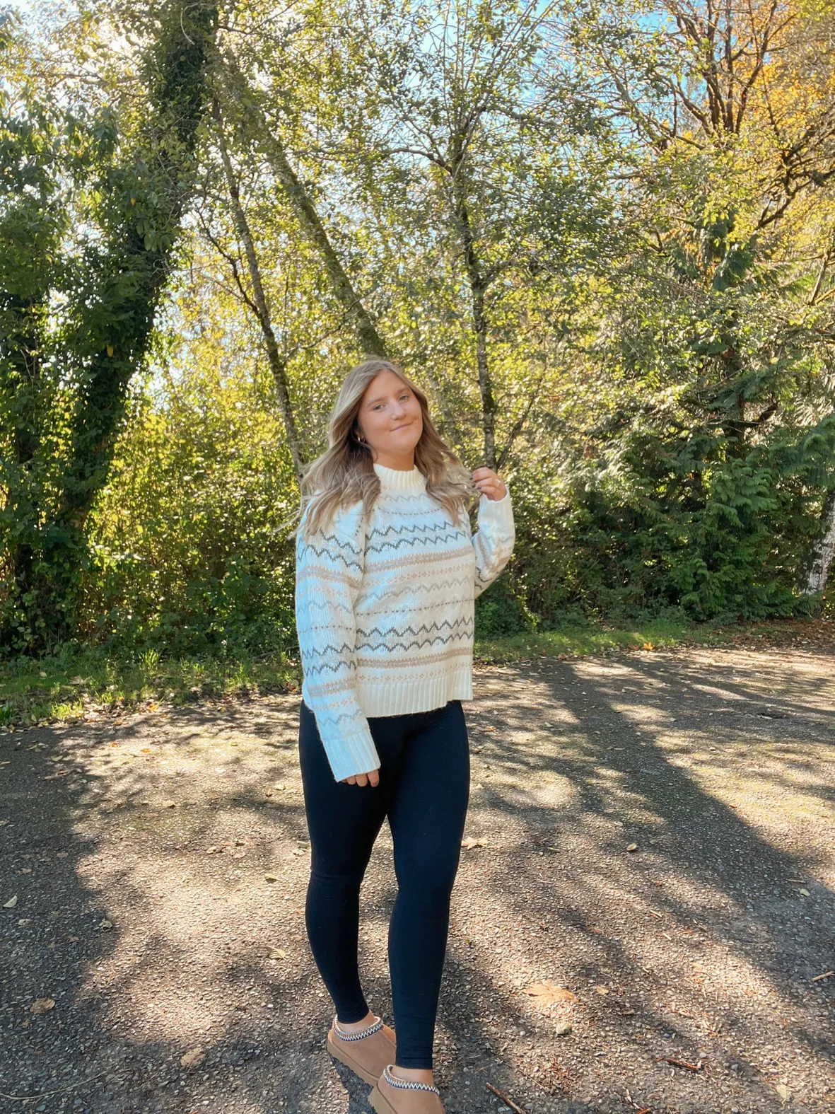 Cozy Fair Isle Sweater and Leggings with Tan Uggs — Ugg Slippers Outfits