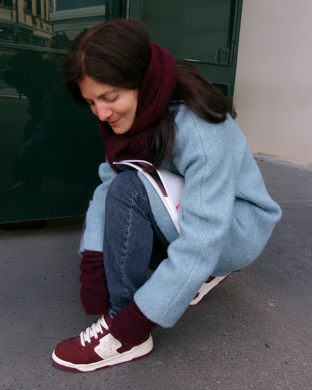 Color Pop: Burgundy Sneakers and Blue Coat with Knit Accents Color Pop: Burgundy Sneakers and Blue Coat with Knit Accents — Winter Outfits with Sneakers