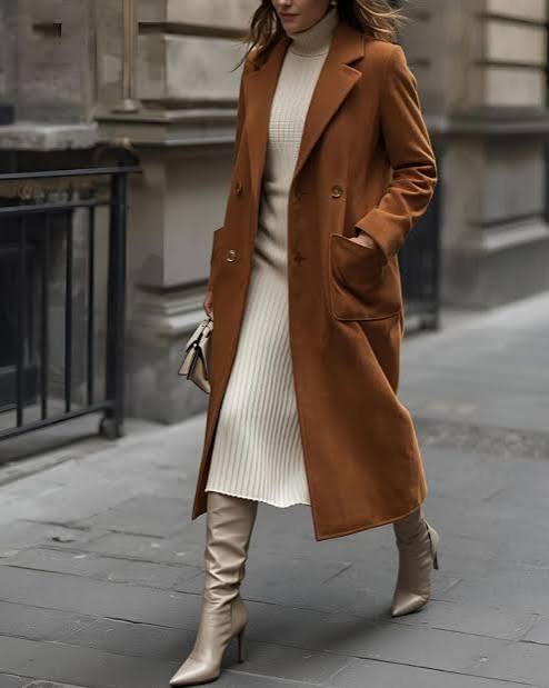 Pointed Toe Knee-High Boots In Beige Outfit Idea Pointed Toe Knee-High Boots In Beige Outfit Idea — Camel Coat Outfits