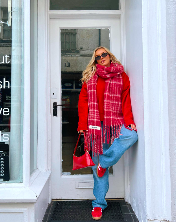 Vibrant Red Sweater and Jeans with Matching Plaid Scarf — Casual Winter Outfits