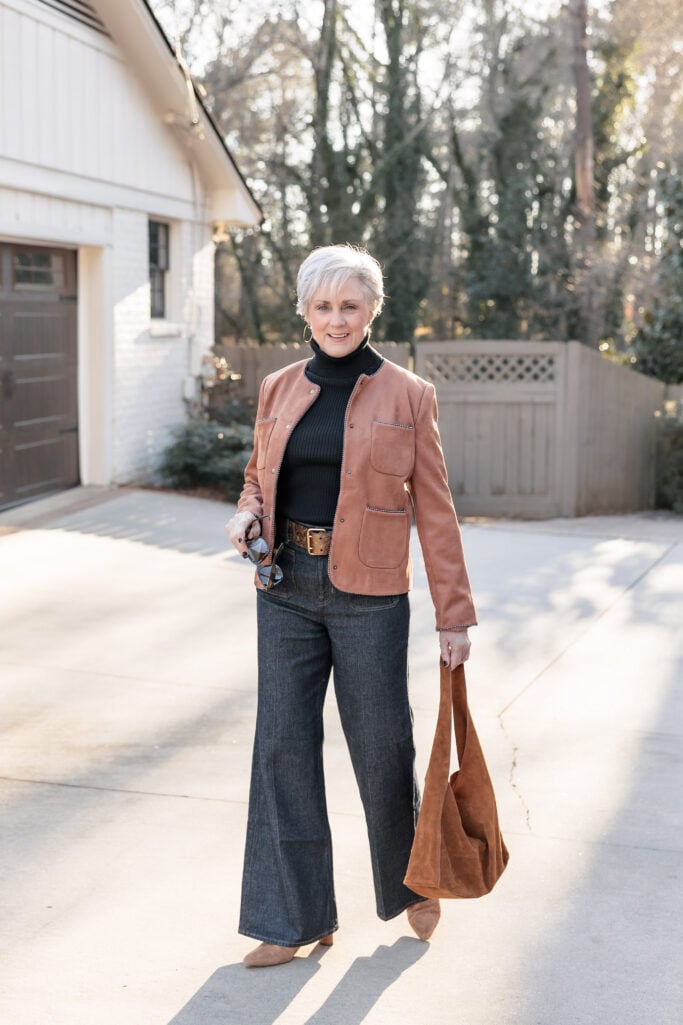 Earthy Tones: Suede Jacket with Wide-Leg Denim Earthy Tones: Suede Jacket with Wide-Leg Denim — Winter Dinner Outfits