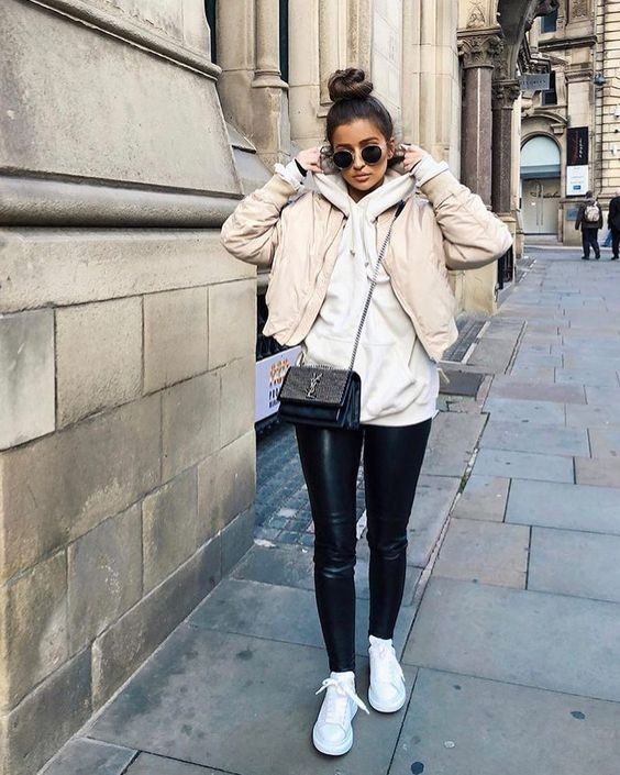 Casual Fall Outfit with Bomber Jacket, Hoodie, and Faux Leather Pants — Fall to Winter Outfits
