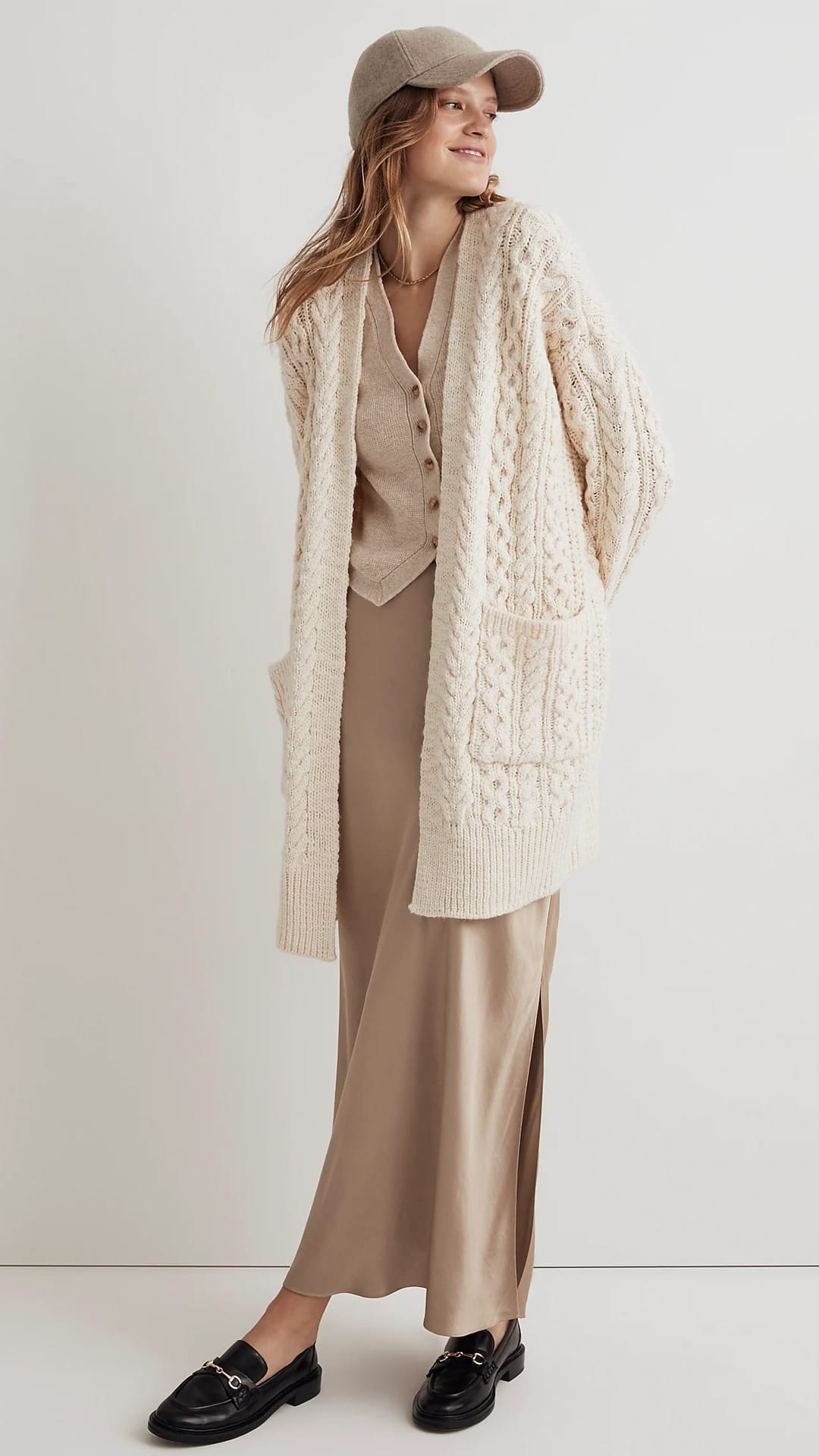 Cream Cable-Knit Cardigan with Slip Dress and Loafers — Cardigan Outfits