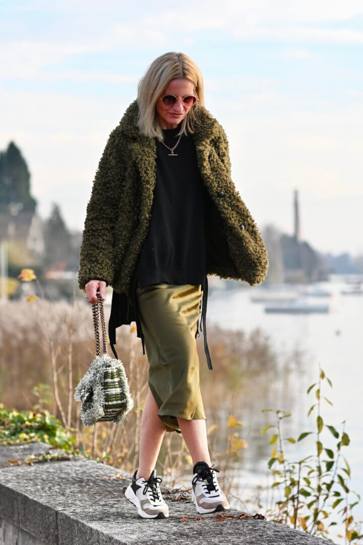 Texture Play: Satin Skirt and Teddy Coat with Sneakers Texture Play: Satin Skirt and Teddy Coat with Sneakers — Winter Outfits with Sneakers