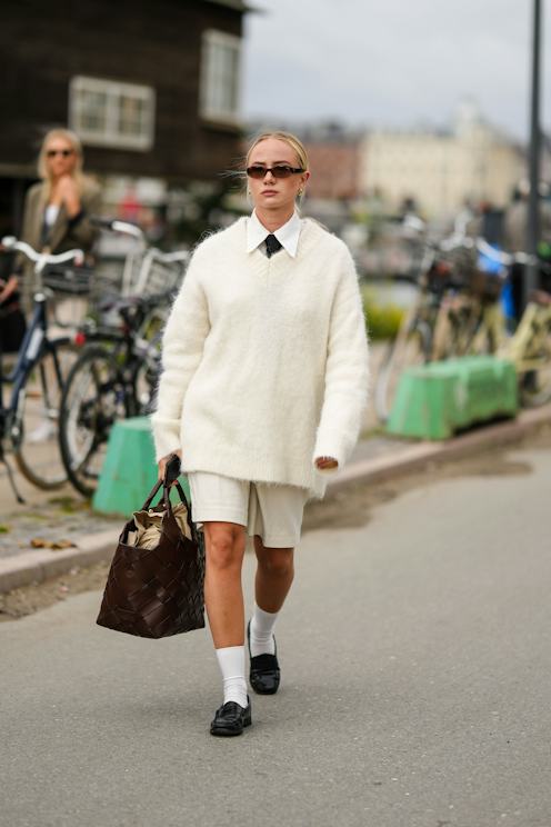 White Fluffy V-Neck Sweater with Collared Shirt and Shorts — Oversized Sweater Outfits