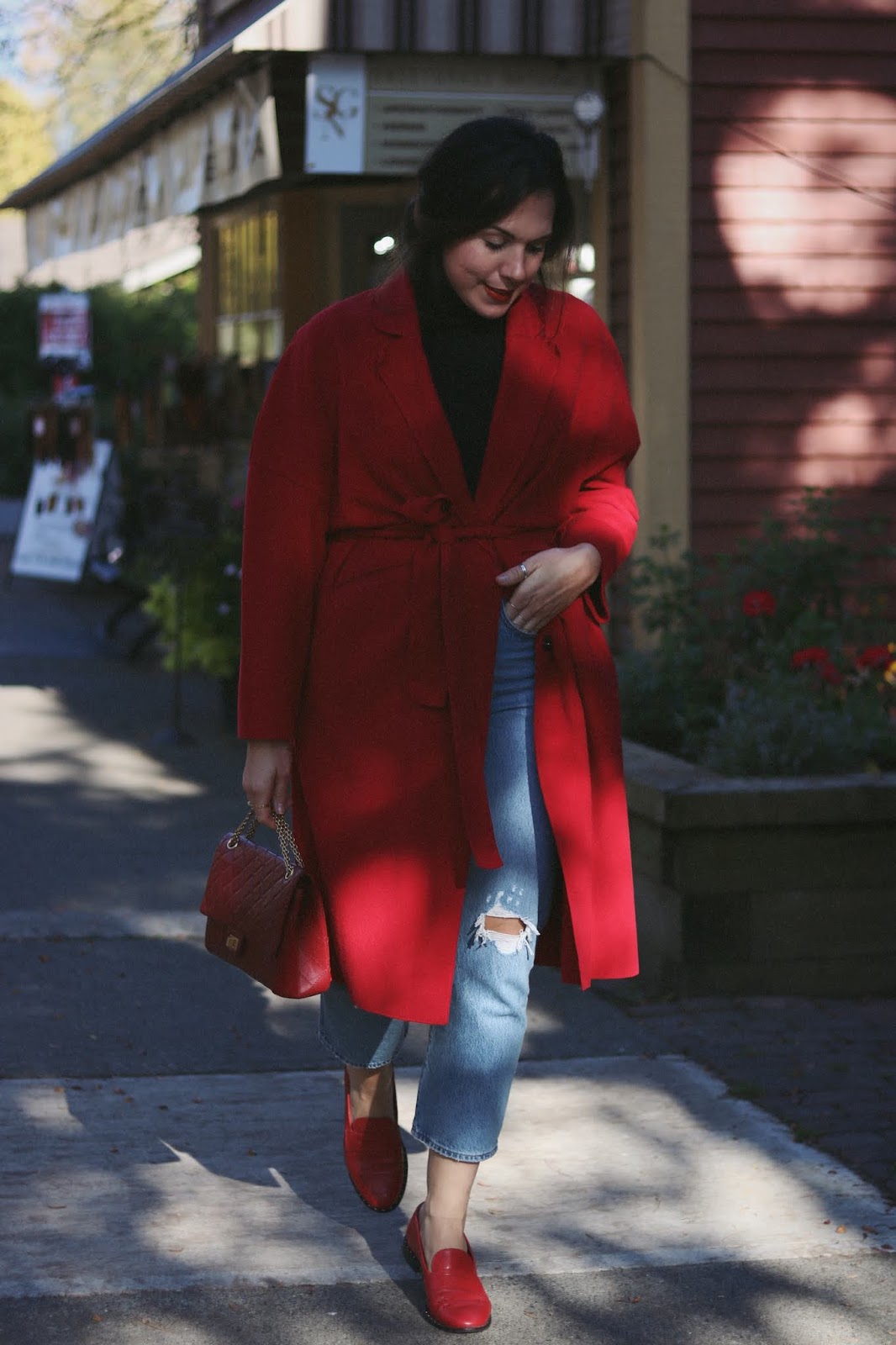Bold Red Wool Coat with Jeans and Loafers Bold Red Wool Coat with Jeans and Loafers — Wool Coat Outfits