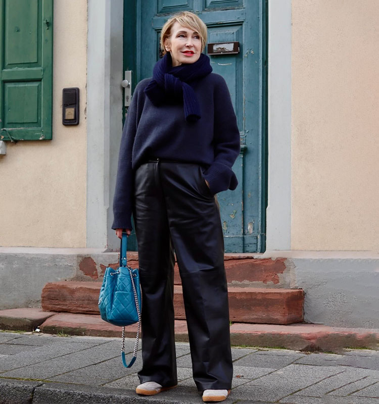 Navy Sweater and Scarf with Leather Trousers — Winter Capsule Wardrobe
