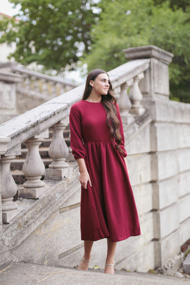 Deep Red Quilted Knit A-Line Dress — Winter Dress Outfits