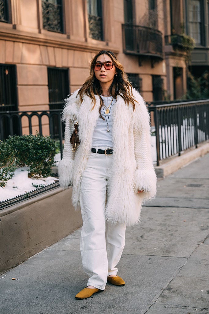 Fluffy White Coat Over White Knit Set with Yellow Flats Fluffy White Coat Over White Knit Set with Yellow Flats — Preppy Winter Outfits