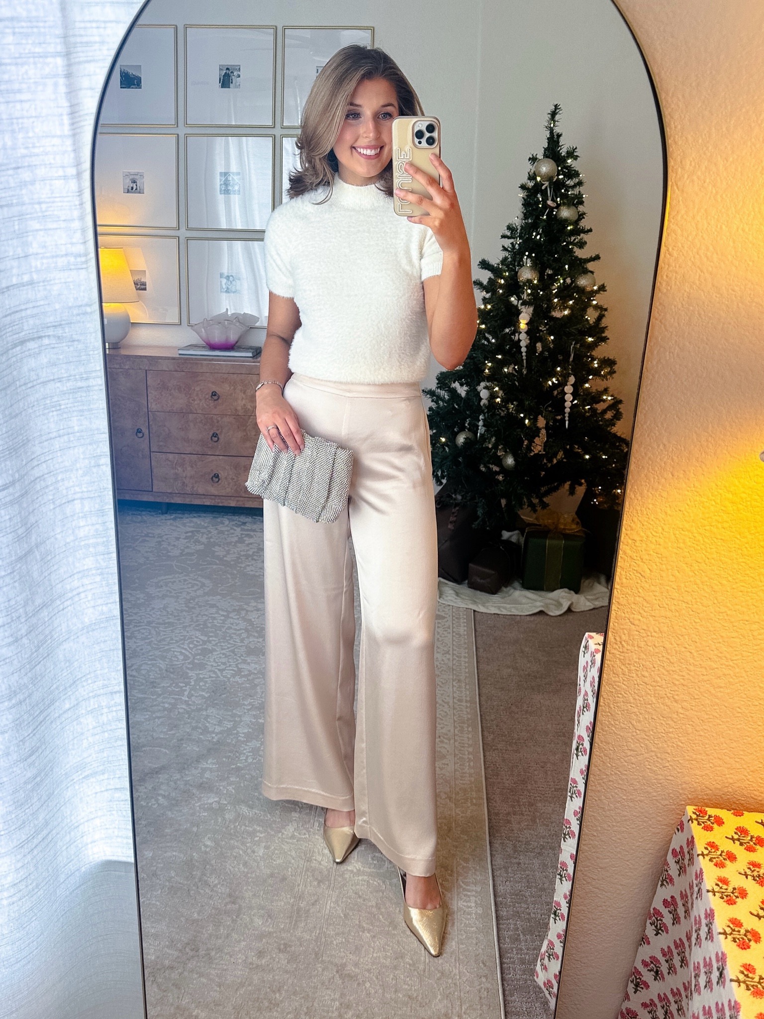Winter White Glamour: Fuzzy Top and Satin Pants Winter Dinner Outfits