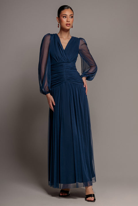 Navy Blue Maxi Dress with Voluminous Sleeves Navy Blue Maxi Dress with Voluminous Sleeves — Winter Wedding Guest Outfits