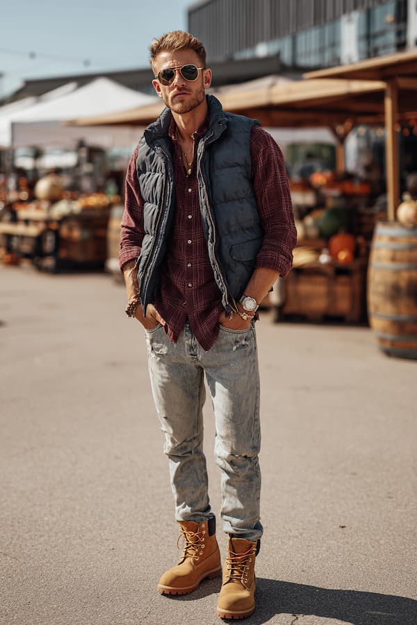Timberland Boots with Plaid Shirt and Puffer Vest for Fall Casual Timberland Boots with Plaid Shirt and Puffer Vest for Fall Casual — Timberland Boots Outfits