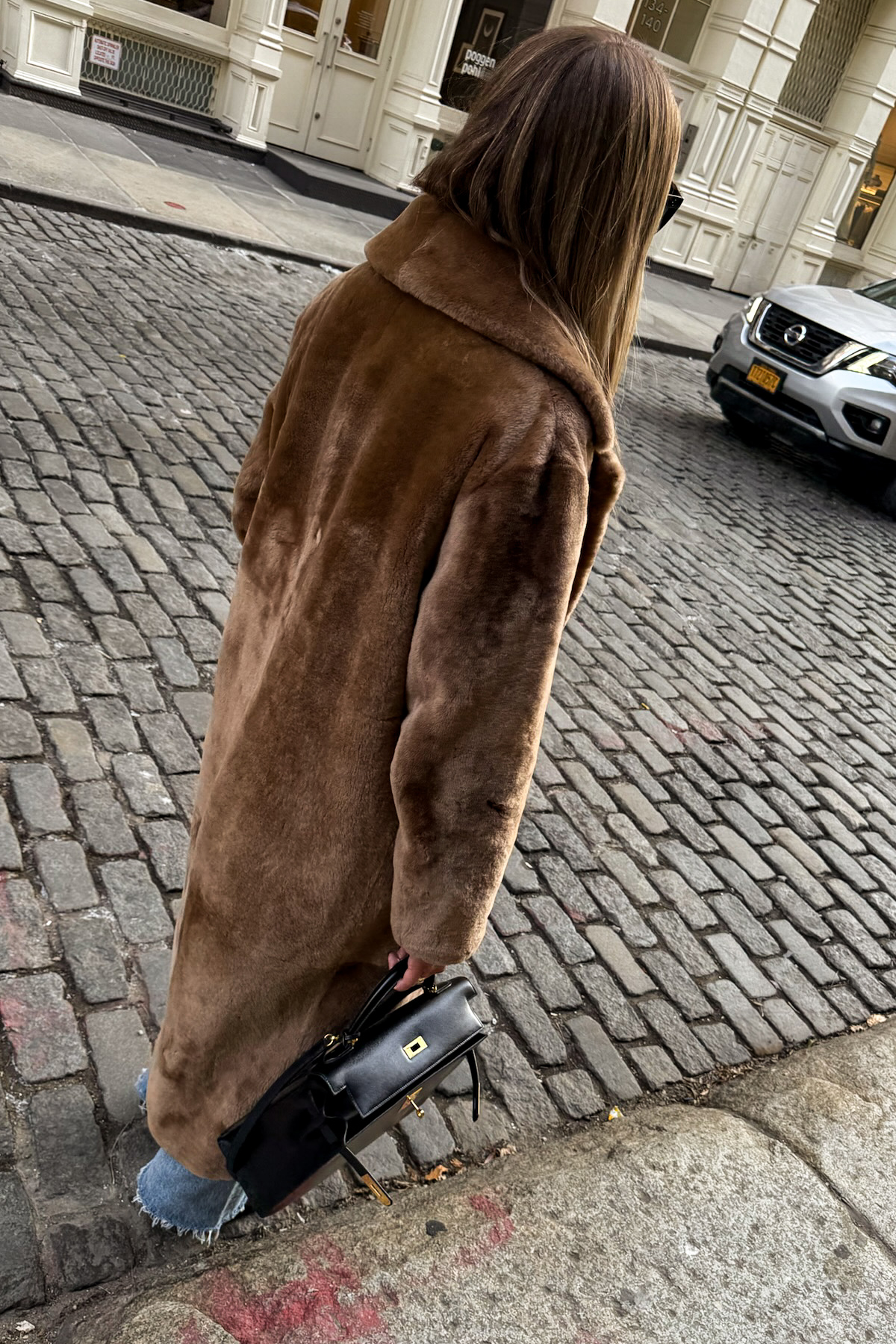 Long Brown Faux Fur Coat Over Denim Shirt and Jeans — NYC Winter Outfits