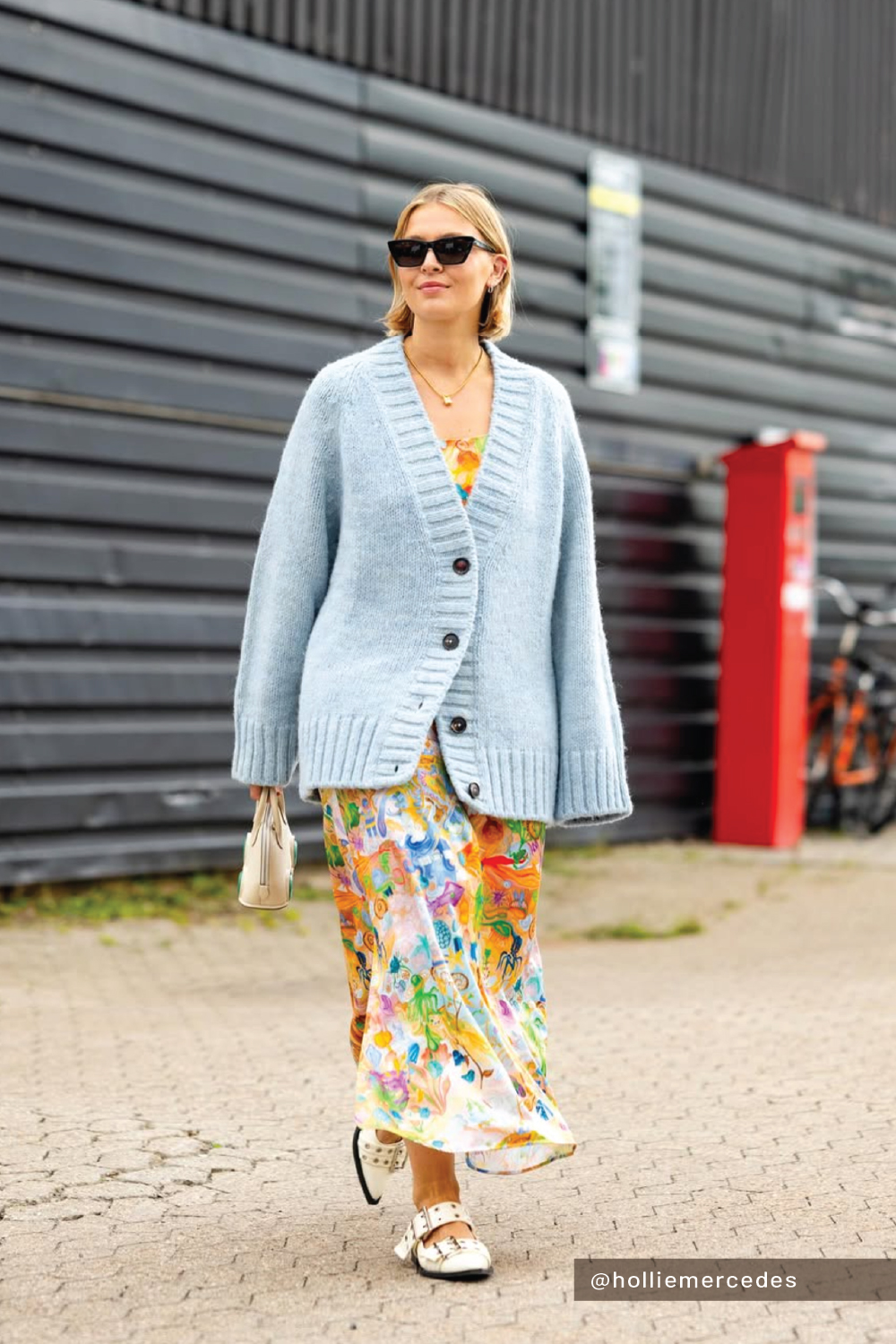 Light Blue Oversized Cardigan with Floral Midi Dress — Cardigan Outfits