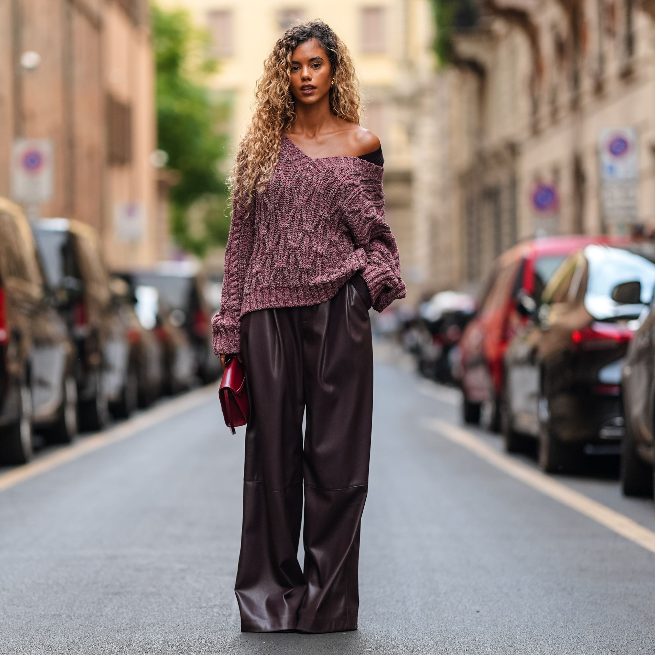 Elegant Evening: Plum Leather Pants with Off-the-Shoulder Sweater — Leather Pants Outfits