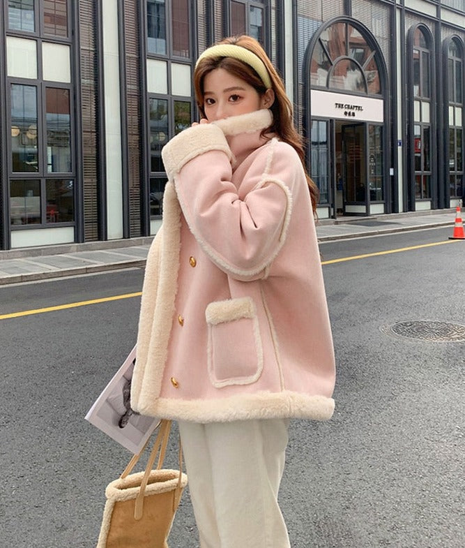 Korean Coquette Aesthetic Ladies Pink Winter Jacket Shearling Coat – The Kawaii Factory