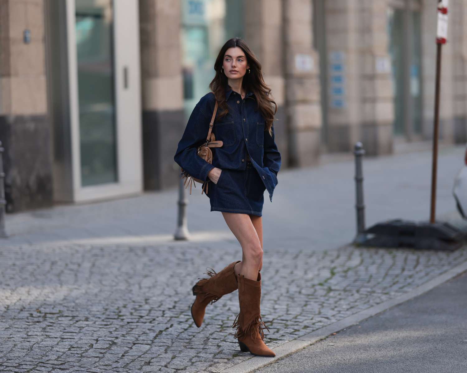 Denim Mini Skirt and Cowboy Boots Denim Mini Skirt and Cowboy Boots — Brown Boots Outfits