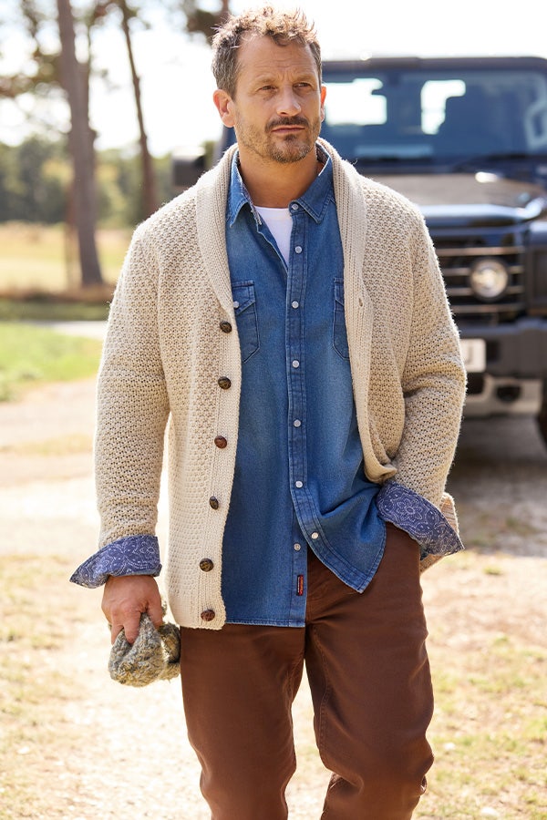 Relaxed Everyday: Knit Cardigan Over Denim Shirt Relaxed Everyday: Knit Cardigan Over Denim Shirt — Winter Outfits for Men