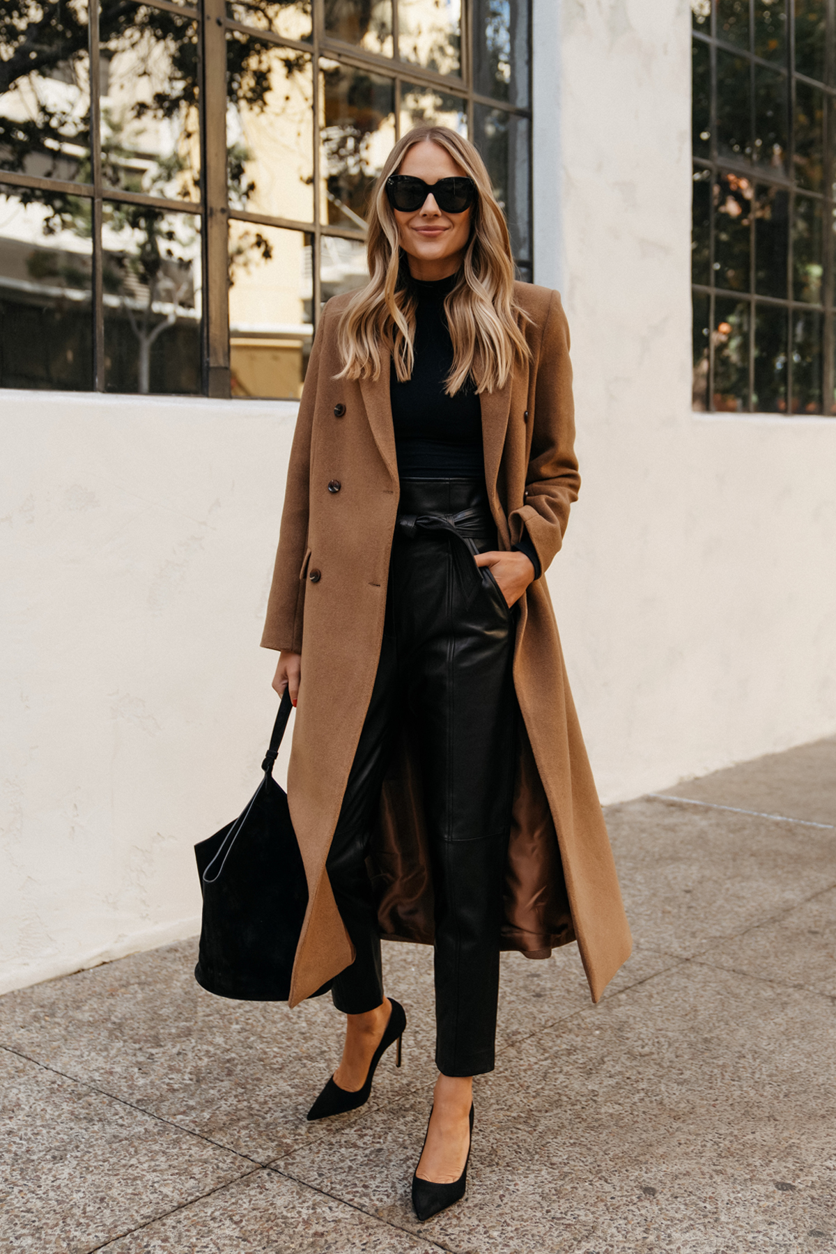 Elegant Camel Overcoat with Leather Trousers — Nashville Winter Outfits