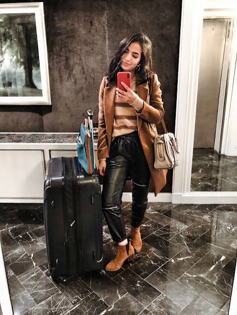 Travel Ready: Faux Leather Pants and Tan Suede Boots — Ankle Boots Outfits