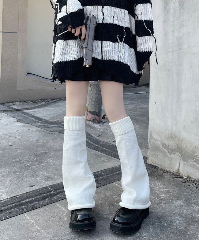 Fashion-Forward Casual: Long White Leg Warmers with Patent Loafers — Leg Warmers Outfits