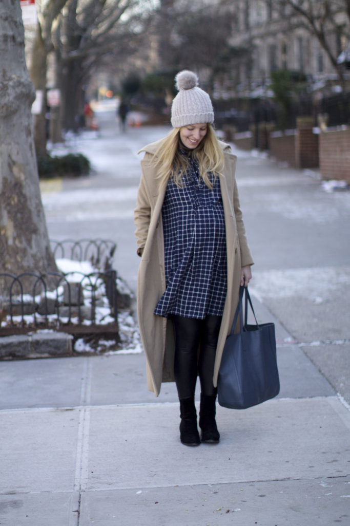 Camel Wool Coat Over Plaid Maternity Dress — Winter Maternity Outfits