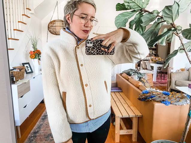 Cream Fleece Jacket with Striped Shirt Cream Fleece Jacket with Striped Shirt — Fleece Jacket Outfits