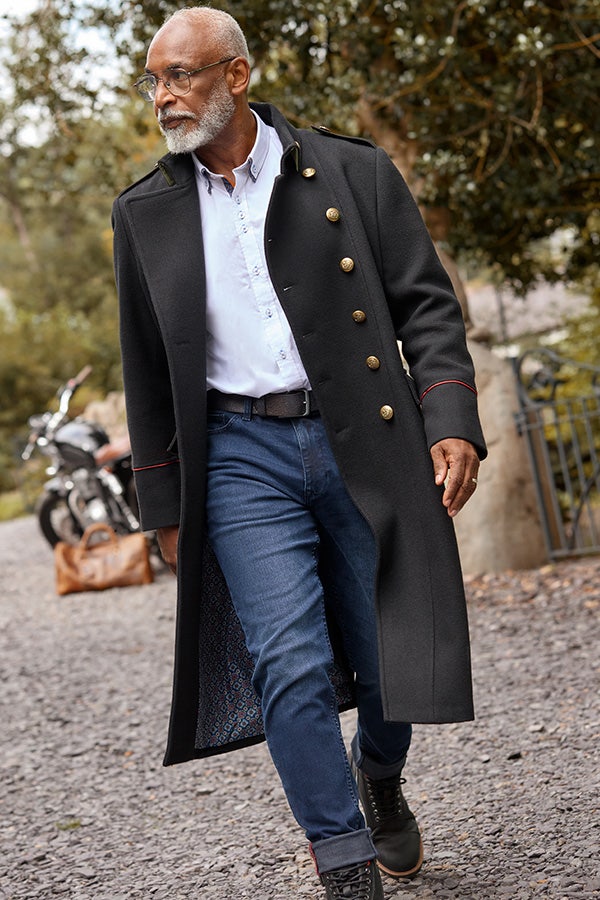 Bold Statement: Military-Style Long Coat with Denim Bold Statement: Military-Style Long Coat with Denim — Winter Outfits for Men