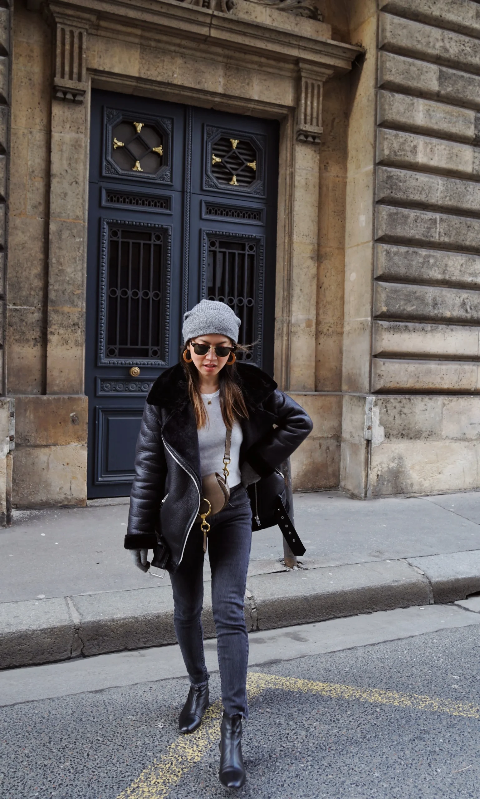 Shearling Jacket with Grey Top and Skinny Jeans — Cold Weather Outfits