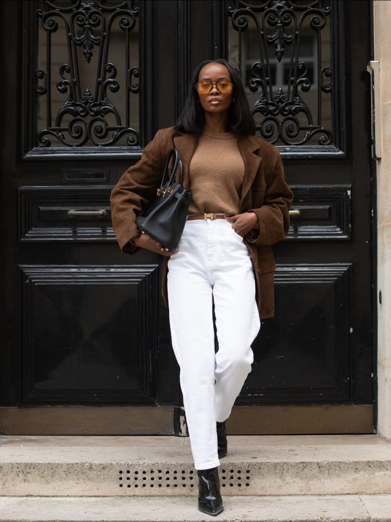 Tailored Brown Suede Blazer with Relaxed White Jeans — Winter Outfits