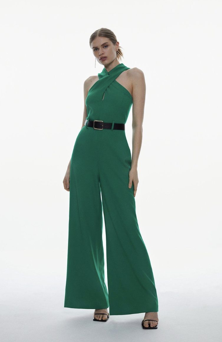 Green Crepe Jumpsuit with Halter Neckline Green Crepe Jumpsuit with Halter Neckline — Winter Wedding Guest Outfits