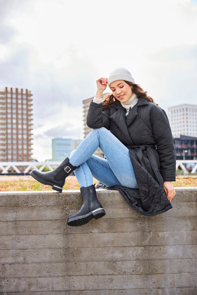 Buckled Ankle Boots with Quilted Coat — Winter Boots Outfits