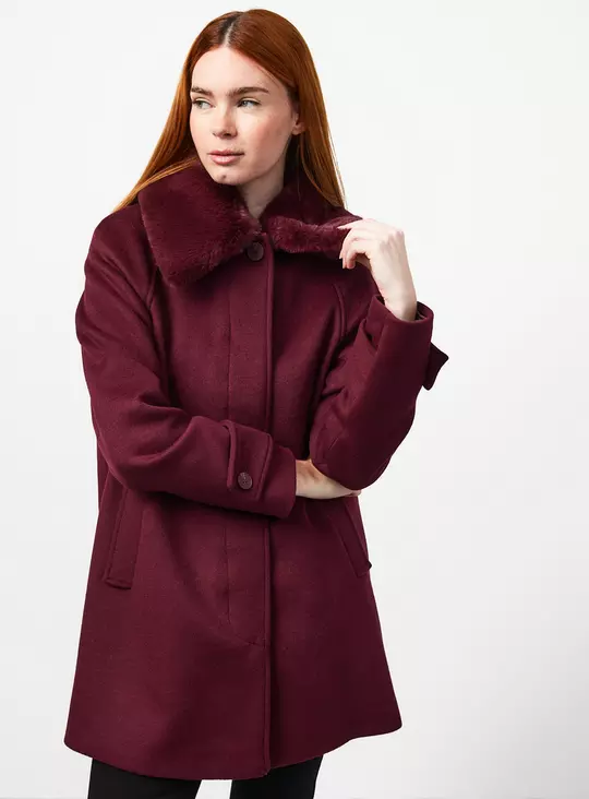 Burgundy Wool Blend Coat with Faux Fur Collar — Winter Coats for Women