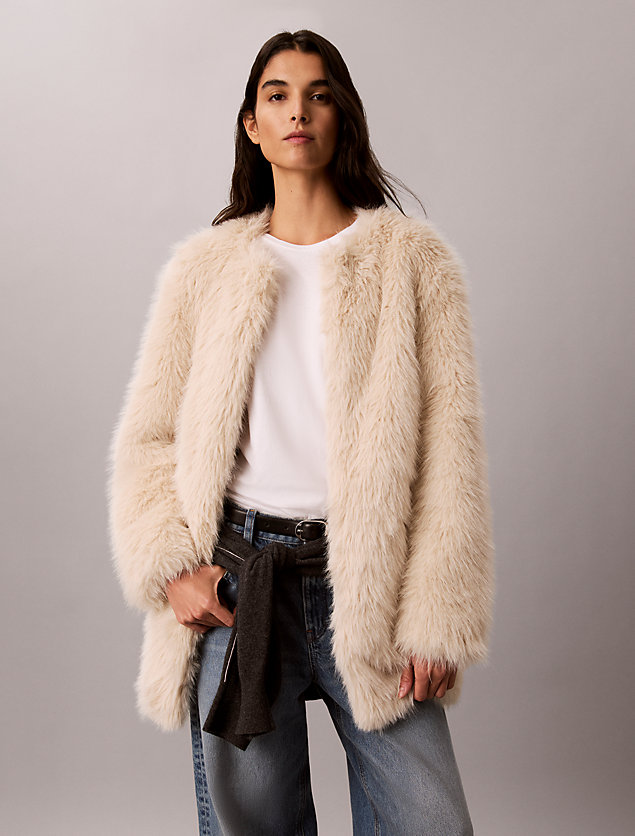 Cream Faux Fur Jacket with Belt for Relaxed Casual — Winter Jackets for Women