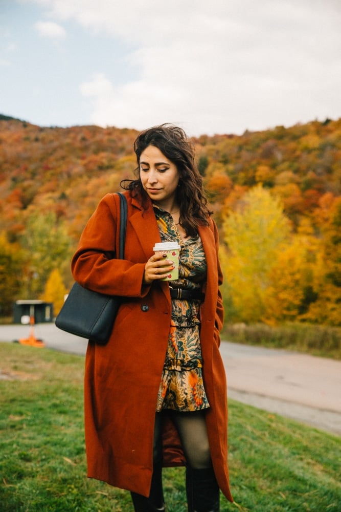 Statement Burnt Orange Coat Over a Patterned Dress for Fall Foliage — Fall to Winter Outfits