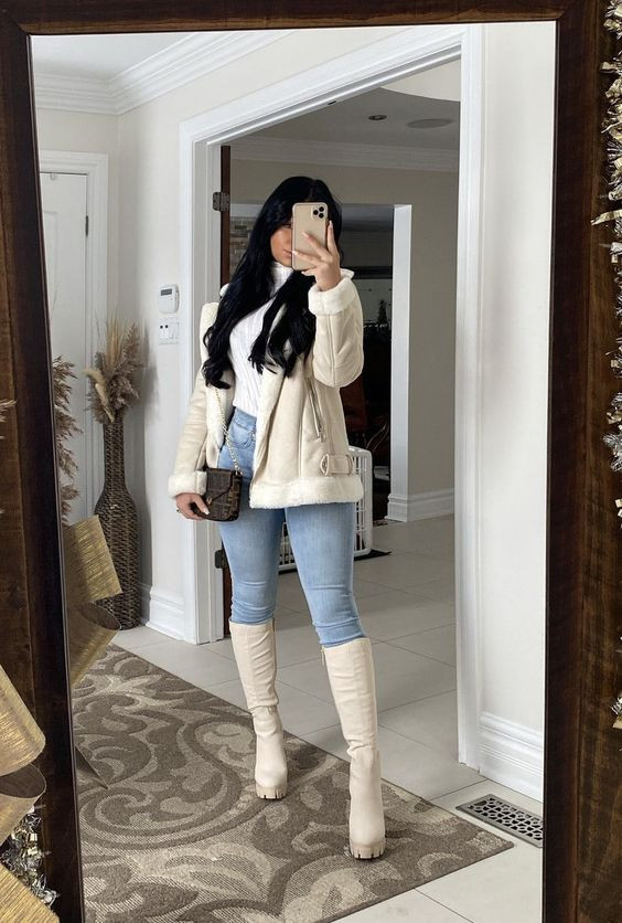 Faux Fur Aviator Jacket and Jeans for a Casual Birthday Faux Fur Aviator Jacket and Jeans for a Casual Birthday — Winter Birthday Outfits