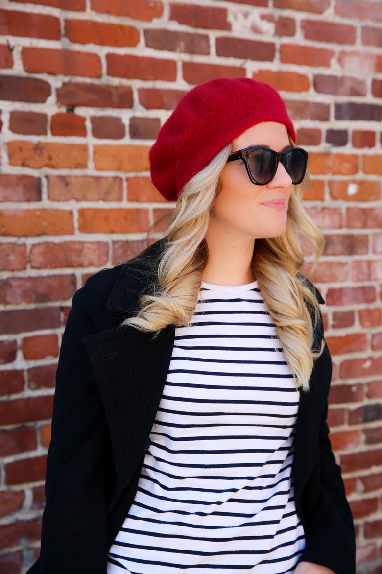 Chic Monochrome Base: Red Beret with Black and White Stripes — Beret Outfits