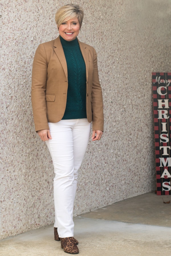 Polished Contrast: Camel Blazer and Emerald Green — Winter Outfits for Women Over 40
